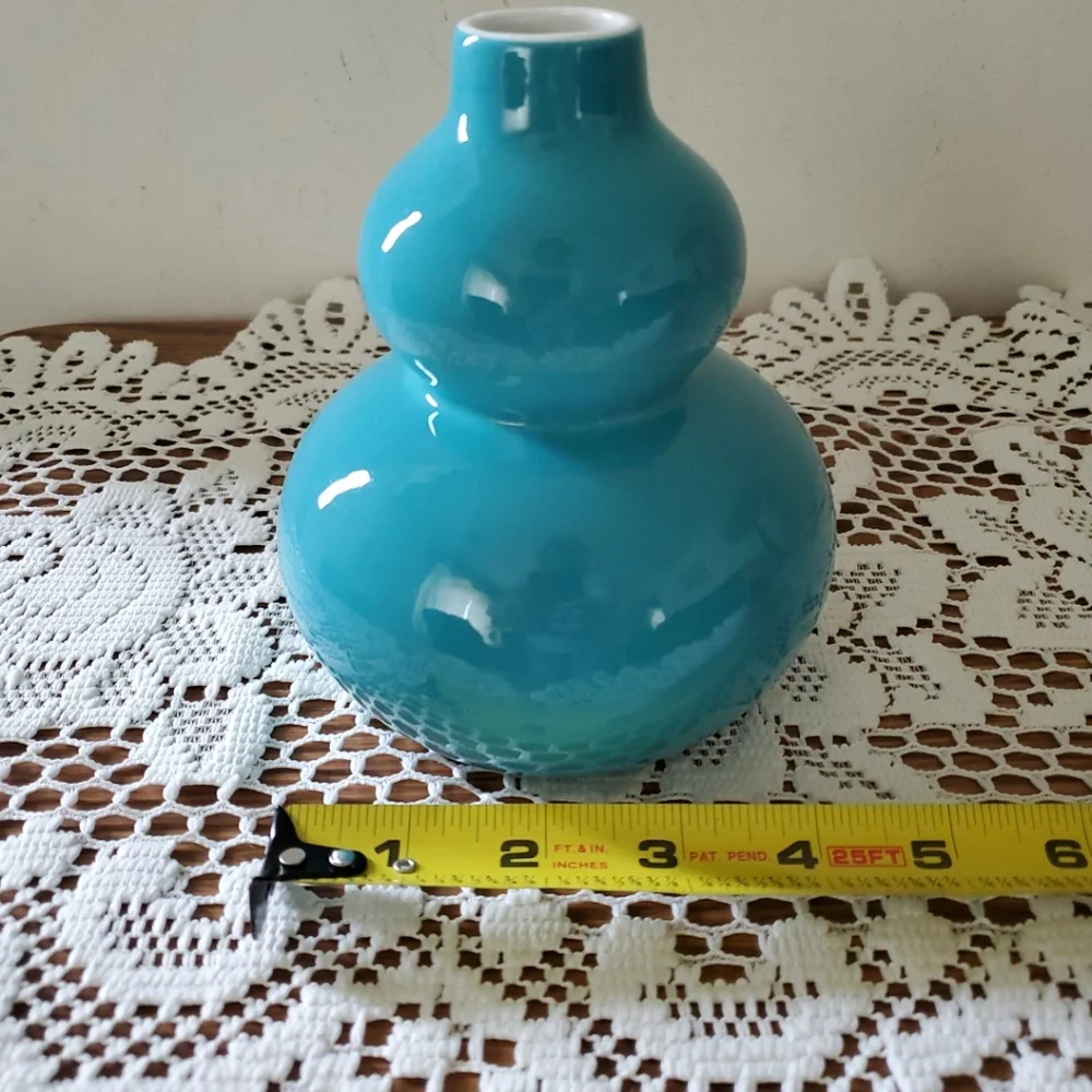 Crate & Barrel Vase ‘Yoko’ Double Gourd Turquoise Teal Blue Ceramic MCM 6”H
